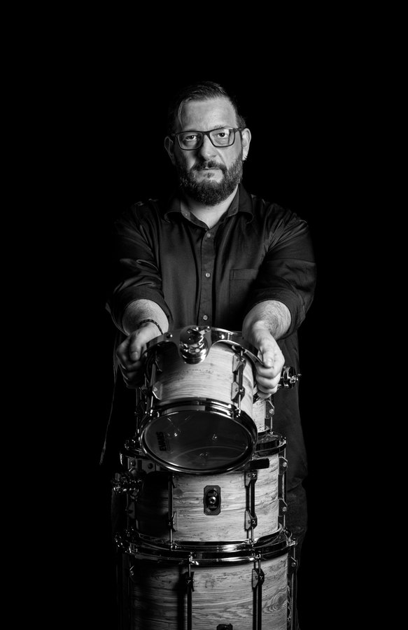Drummer portrait in black and white